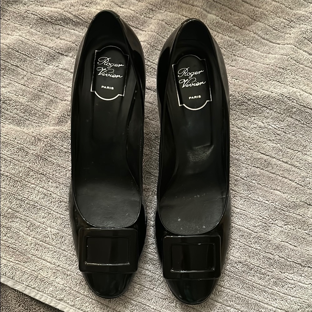 Roger Vivier Black Suede Heels with Black Buckle Detail